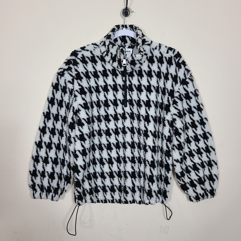 Black White M Houndstooth Sherpa Quarter Zip Jacket Cozy Preppy Retro Classic